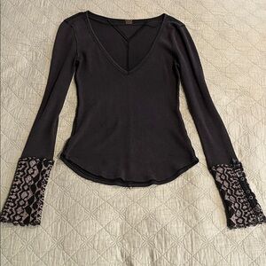 Rare FREE PEOPLE Black Thermal Top with Fancy Embroidered Cuffs